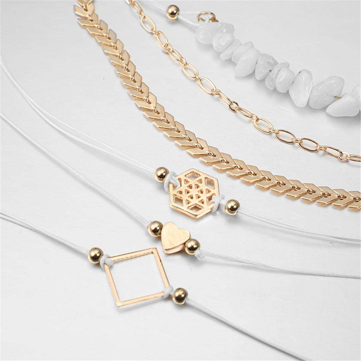 White Resin & Goldtone Geometric Charm Bracelet Set
