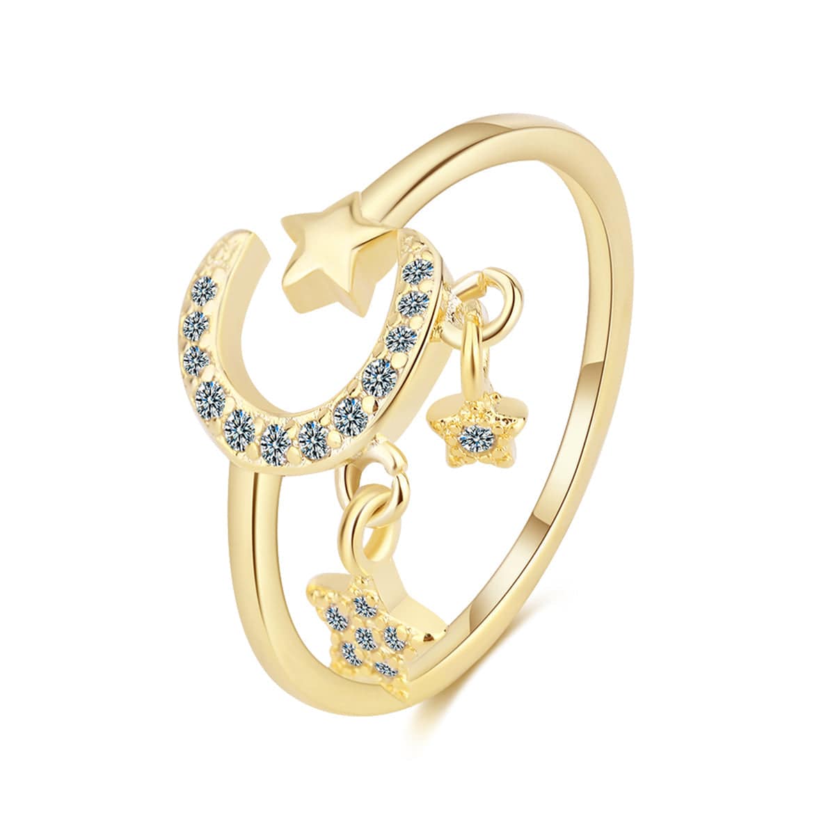 Cubic Zirconia & Goldtone Celestial Star Tassel Open Ring