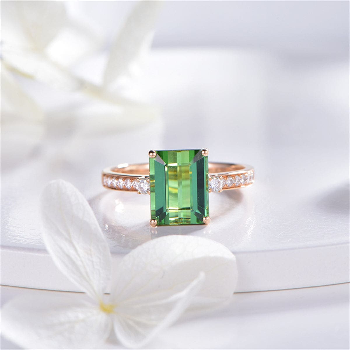 Green Crystal & Cubic Zirconia Rose Goldtone Adjustable Ring
