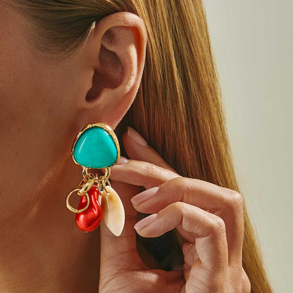 Turqouise & Resin Acrylic Goldtone Bohemia Dangle Earrings