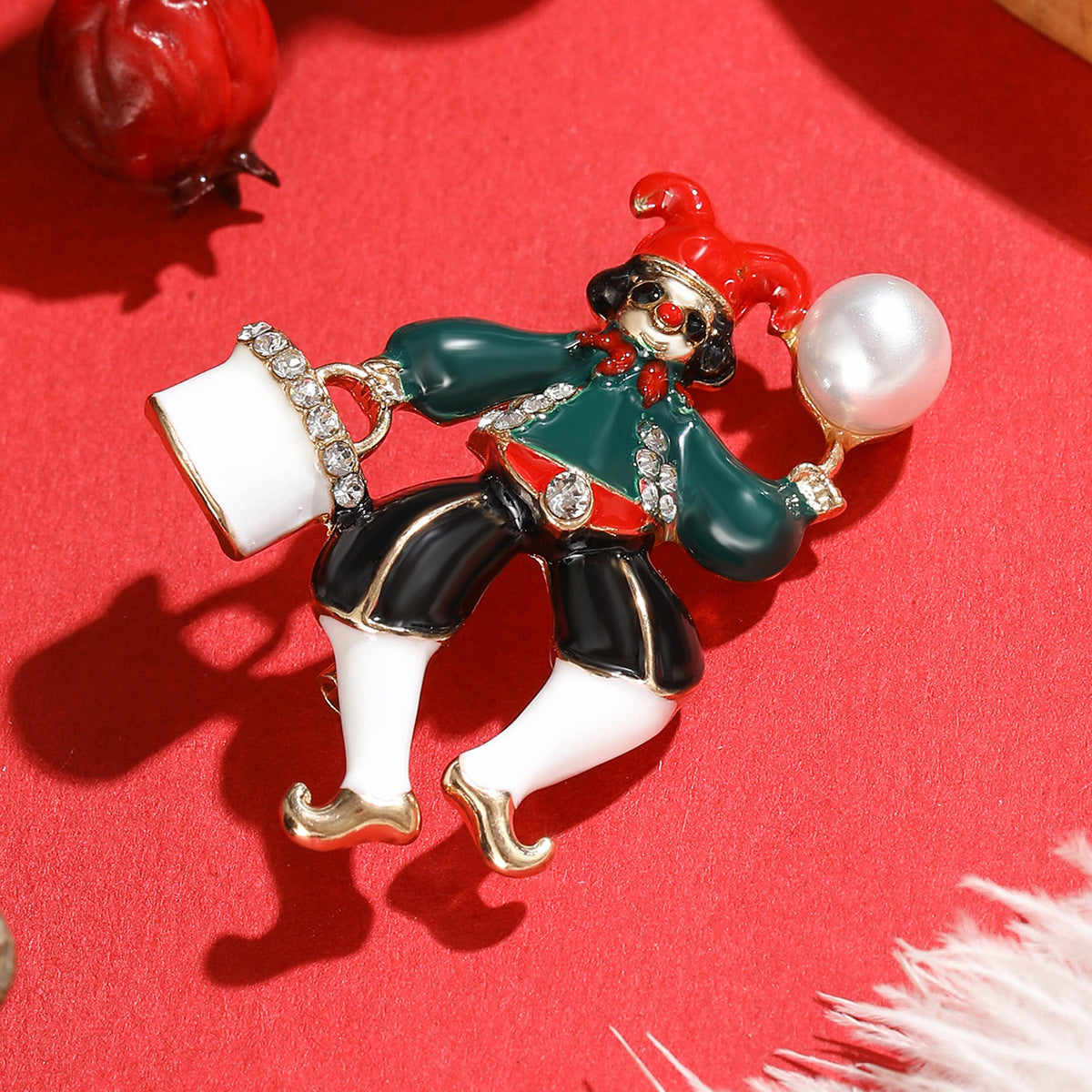 Cubic Zirconia & Pearl Enamel Goldtone Clown Brooch