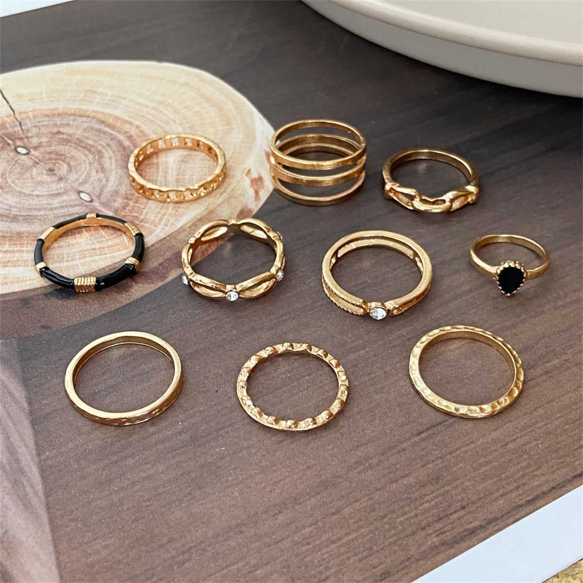 Cubic Zirconia & Enamel Goldtone Layered Ring Set