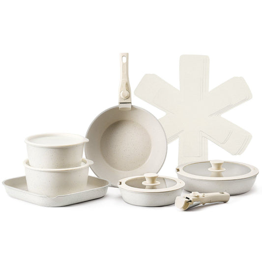 VEVOR 17 Piece Pots and Pans Set Granite Nonstick Kitchen Cookware Induction White - Beige