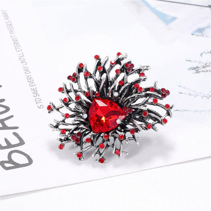 Red Cubic Zirconia & Silvertone Flower Brooch