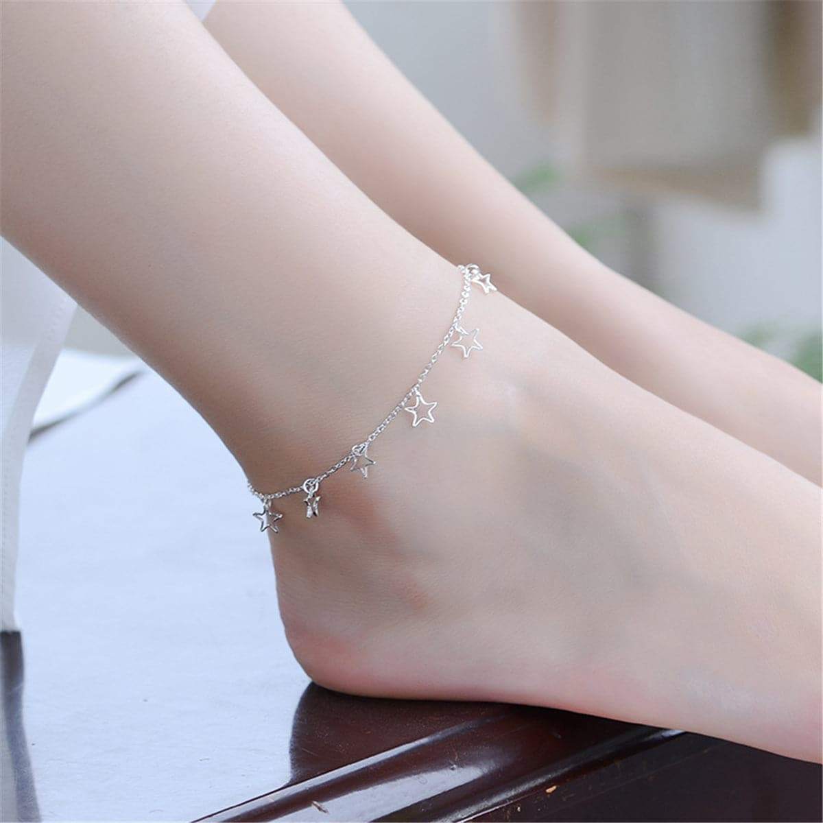 Silvertone Open Star Anklet-3