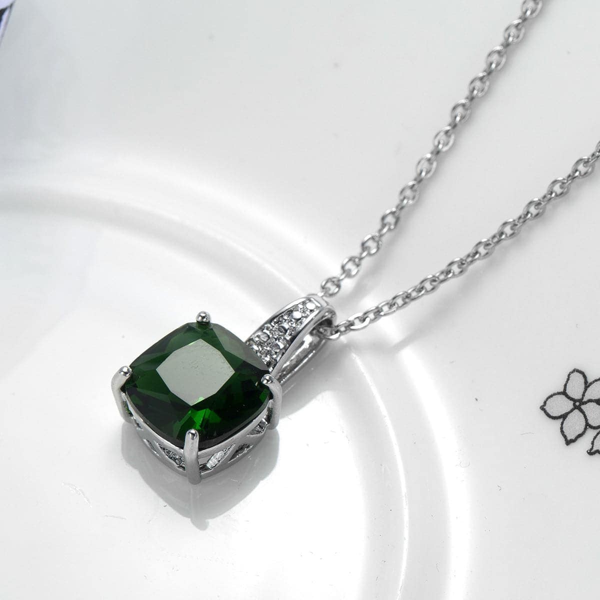 Green Crystal & Silvertone Cushion-Cut Pendant Necklace