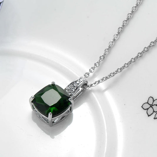 Green Crystal & Silvertone Cushion-Cut Pendant Necklace