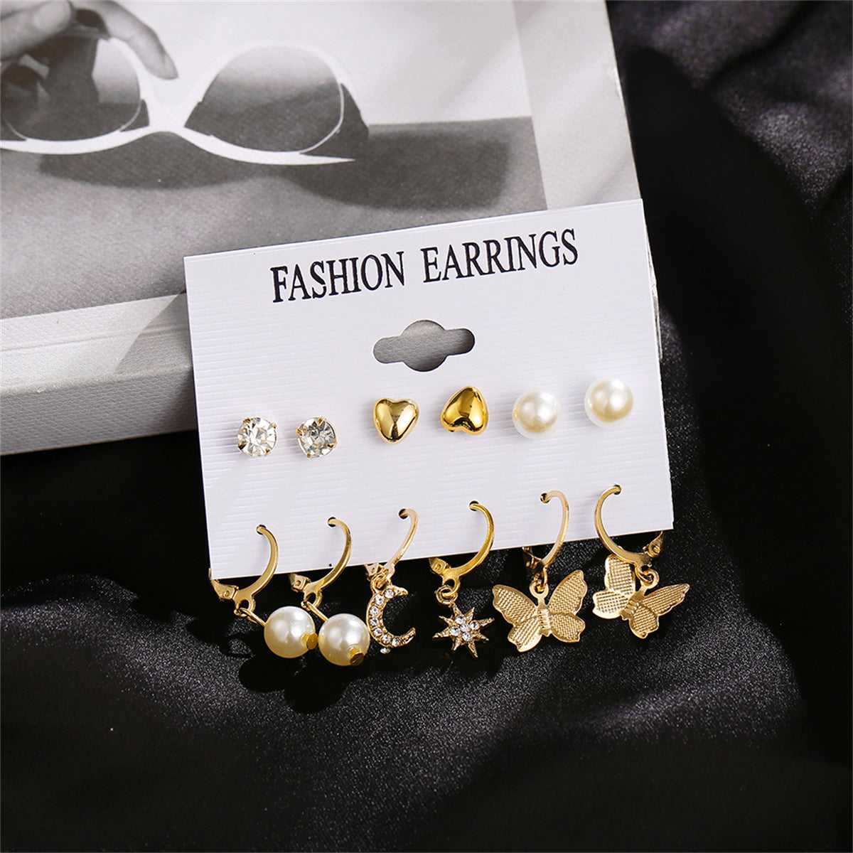 Pearl & Cubic Zirconia Goldtone Celestial Butterfly Earrings Set