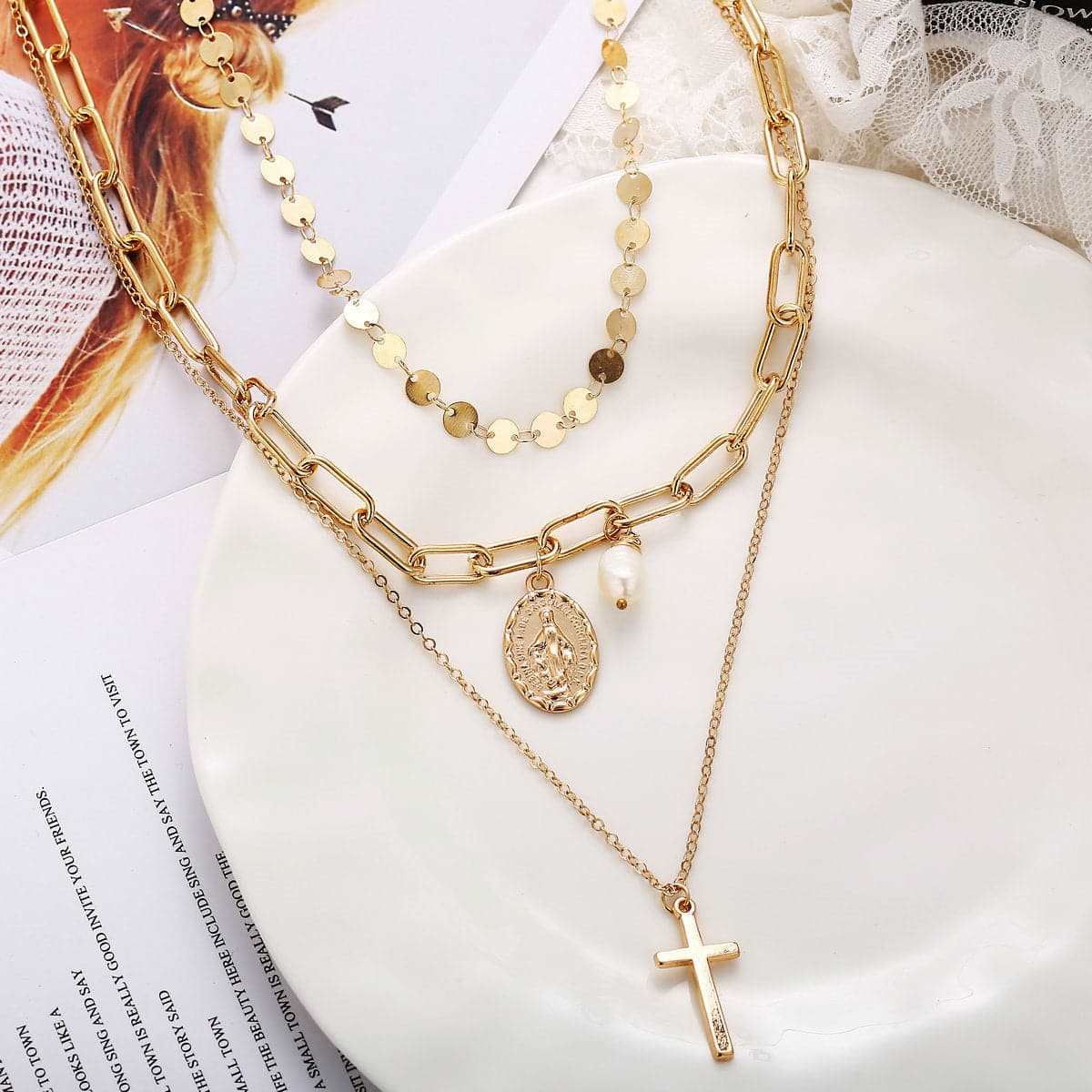 Pearl & Goldtone Cross Layered Pendant Necklace