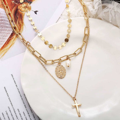 Pearl & Goldtone Cross Layered Pendant Necklace