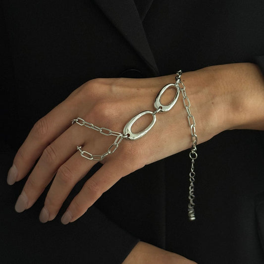 Silvertone Open Oval Finger-to-Wrist Bracelet
