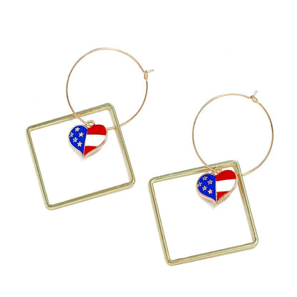 Goldtone American Flag Heart Hollow Drop Earrings