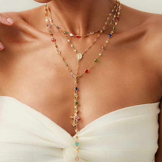 Multi-Colored Crystal & Goldtone Marry Cross Drop Necklace Set