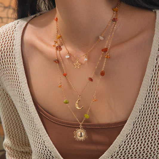 Colored Resin & Goldtone Celestial Pendant Layered Necklace