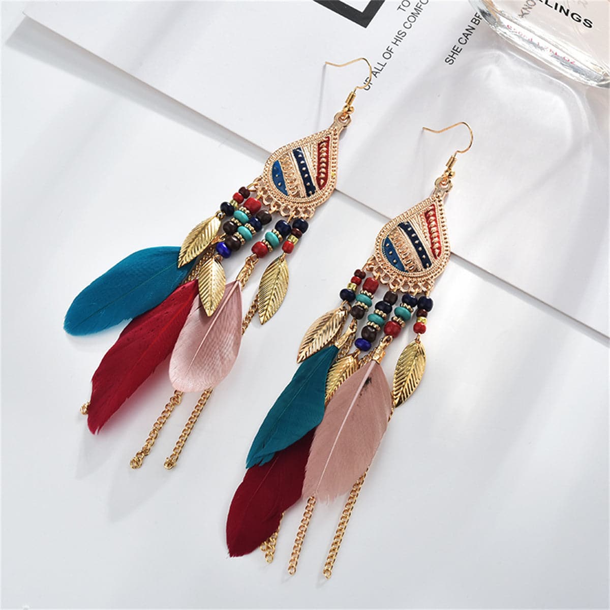 Multicolored Feather & Goldtone Feather Drop Earrings