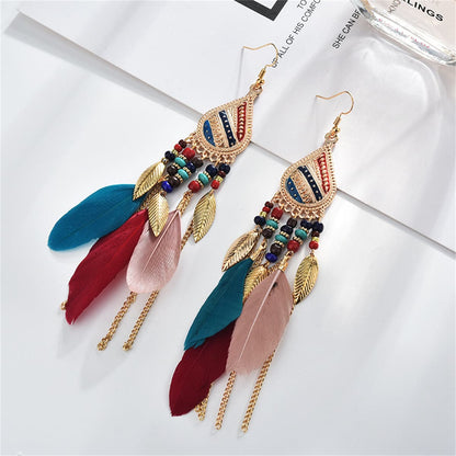 Multicolored Feather & Goldtone Feather Drop Earrings