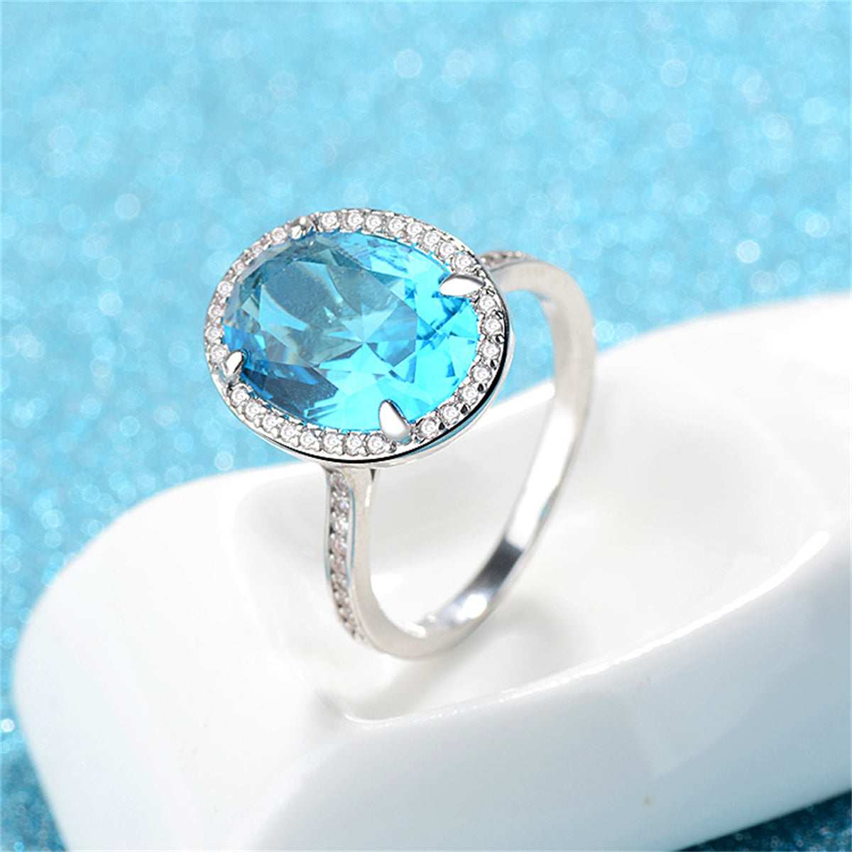 Sea Blue Crystal & Cubic Zirconia Oval-Cut Ring-8