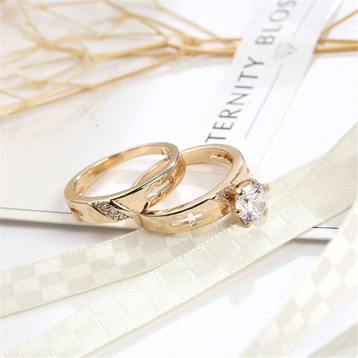 Crystal & Cubic Zirconia Goldtone Cross Ring Set