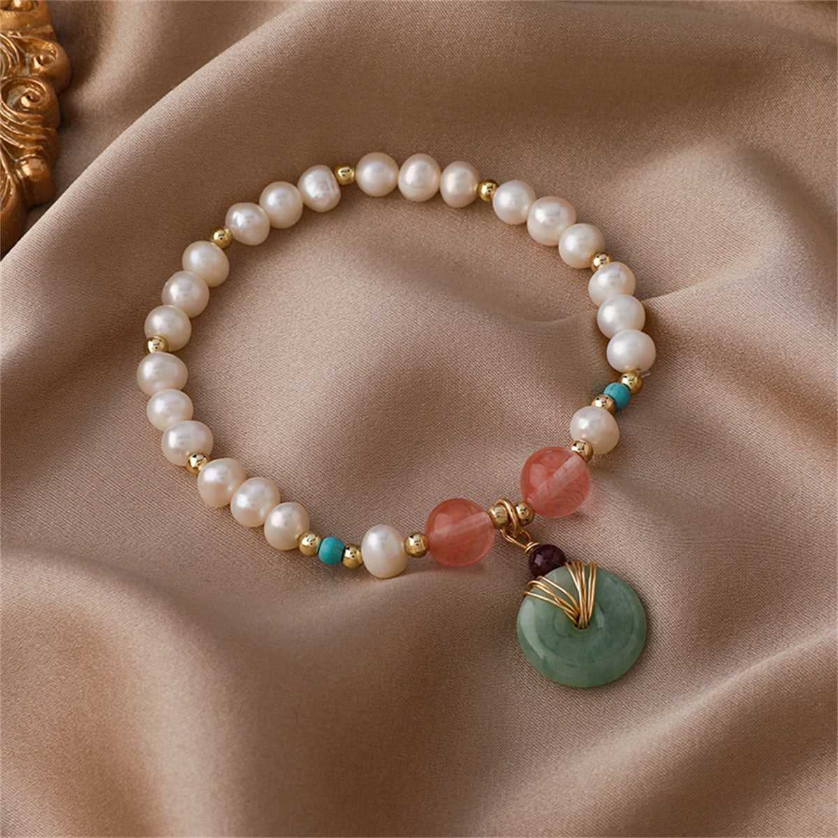 Jade & Pearl Goldtone Bead Charm Stretch Bracelet
