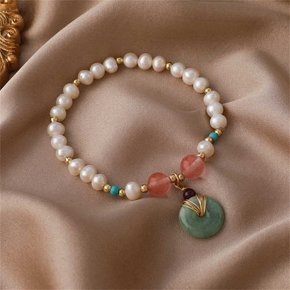 Jade & Pearl Goldtone Bead Charm Stretch Bracelet