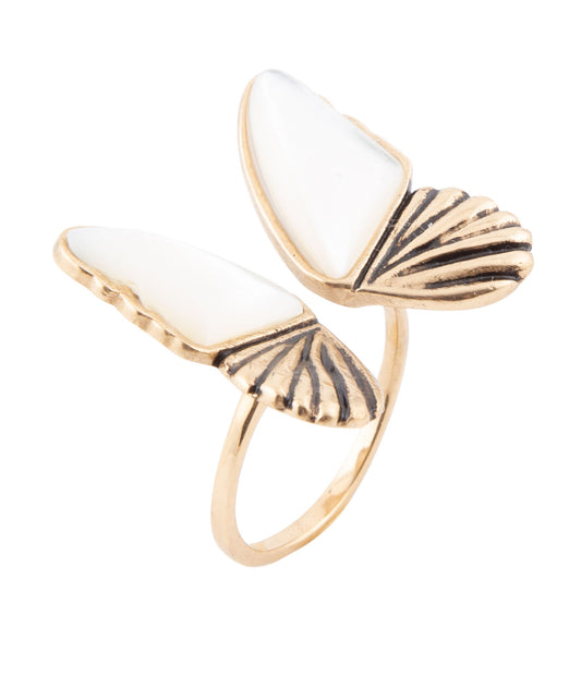 White Mother of Pearl Golden Butterfly Statement Ring