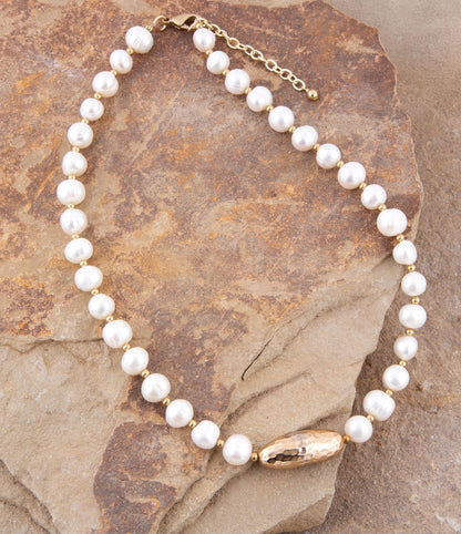 White Pearl Golden Beaded Strand Necklace