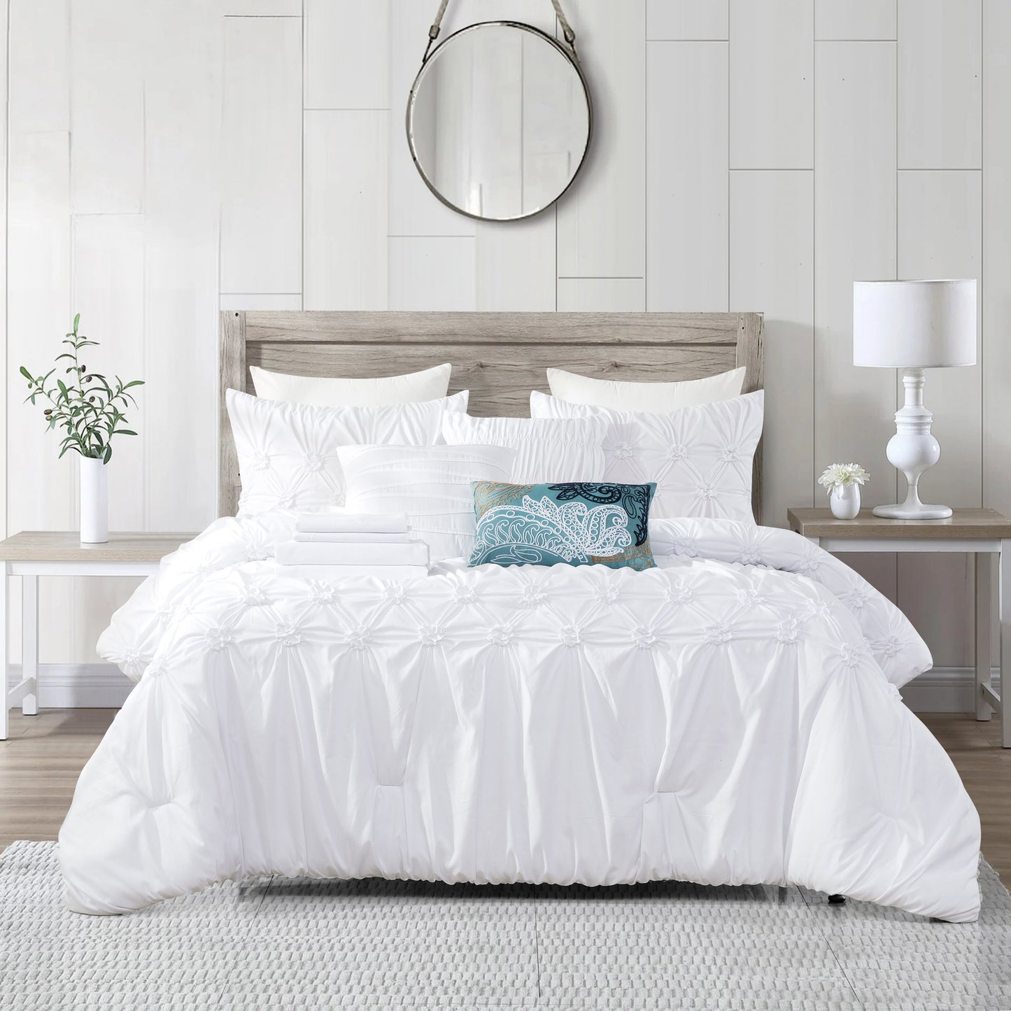 Elegant Comfort 12-Piece Ella Pleated Ruched Pintuck Comforter Set, Includes 6-Piece Sheet Set with Double Sided Storage Pockets