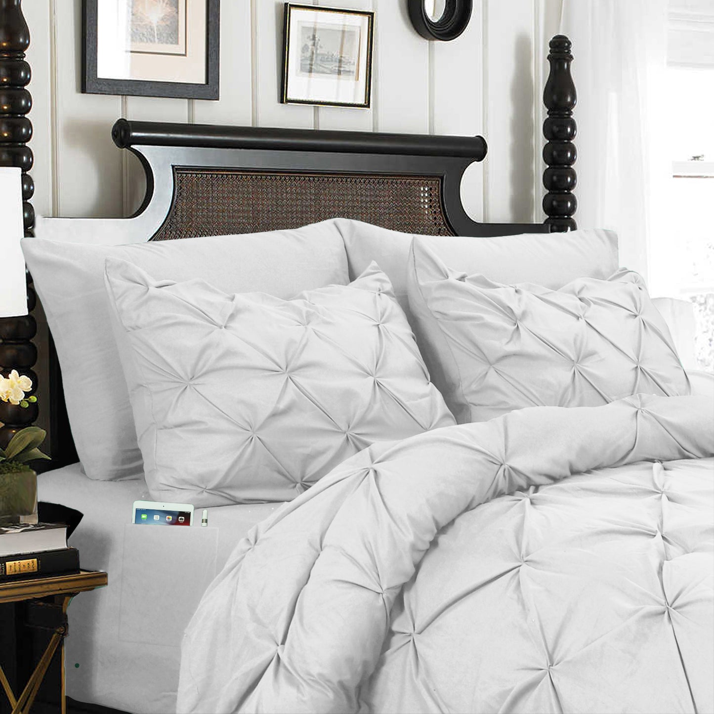 Elegant Comfort 8-Piece Pintuck Pinch Pleated Comforter Set - Includes 4-Piece Sheet Set with Double Sided Storage Pockets
