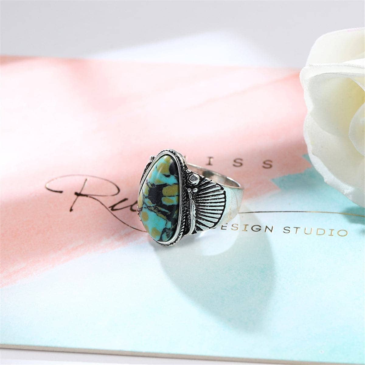 Turquoise & Silvertone Band Ring