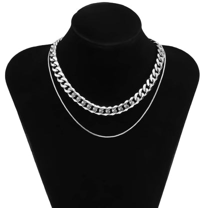 Silvertone Curb Chain Choker Necklace & Mini Herringbone Chain