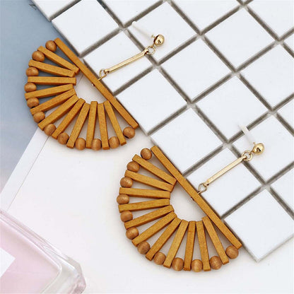 Wood & Goldtone Half-Circle Beaded Drop Earrings