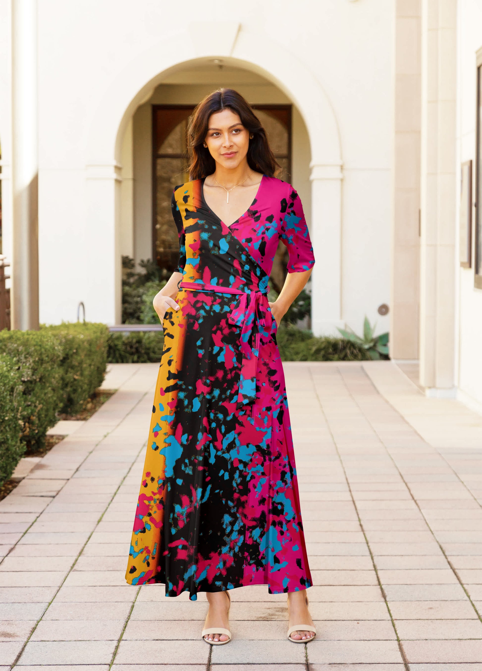 Lily by Firmiana Women's Sleeve Wrap-Style Maxi Dress with Tie Fuchsia & Blue Tropical Floral Fuchsia & Blue Tropical Floral / S Lily by Firmiana Women's Sleeve Wrap-Style Maxi Dress with Tie Fuchsia & Blue Tropical Floral Fuchsia & Blue Tropical Floral / S