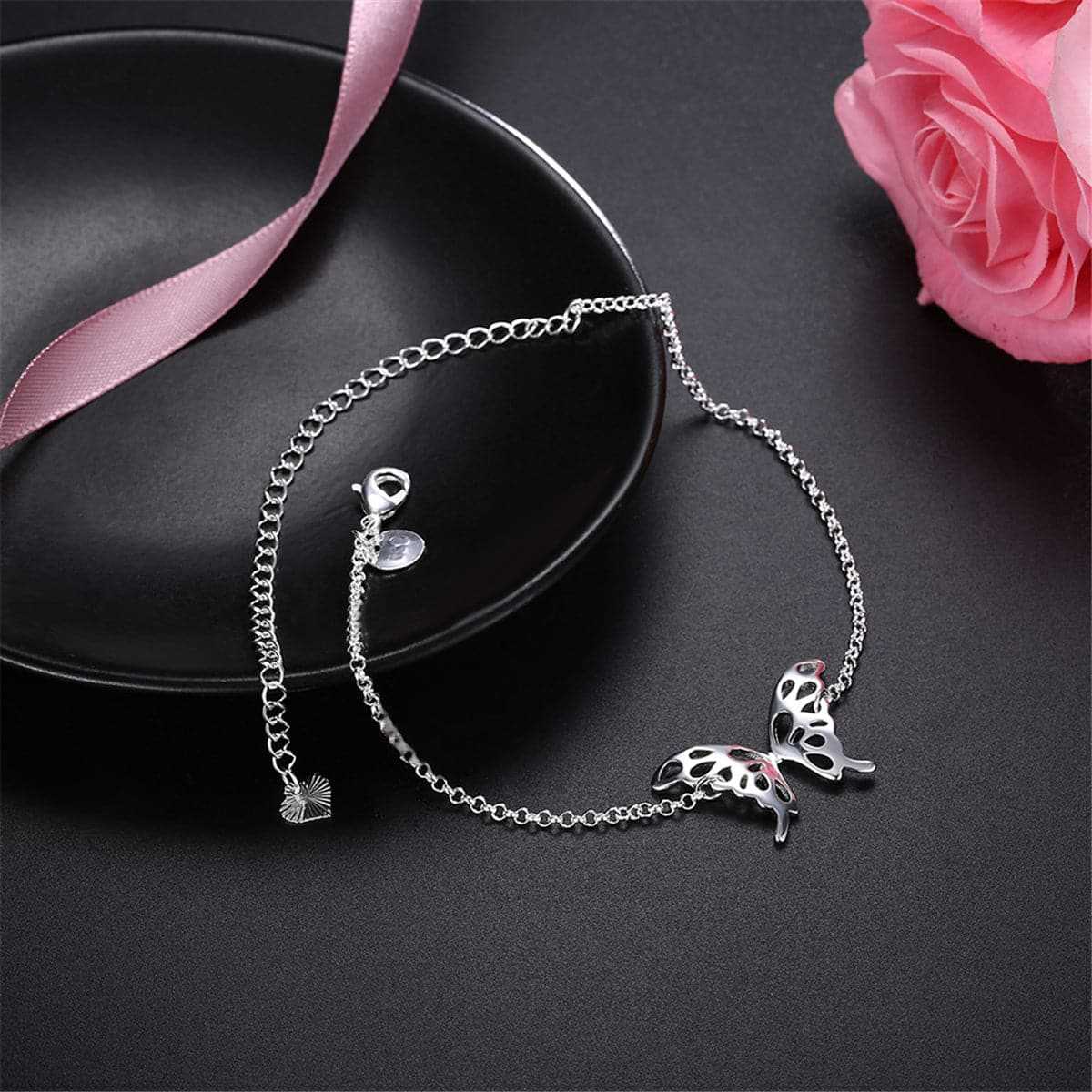 Silvertone Openwork Butterfly Anklet