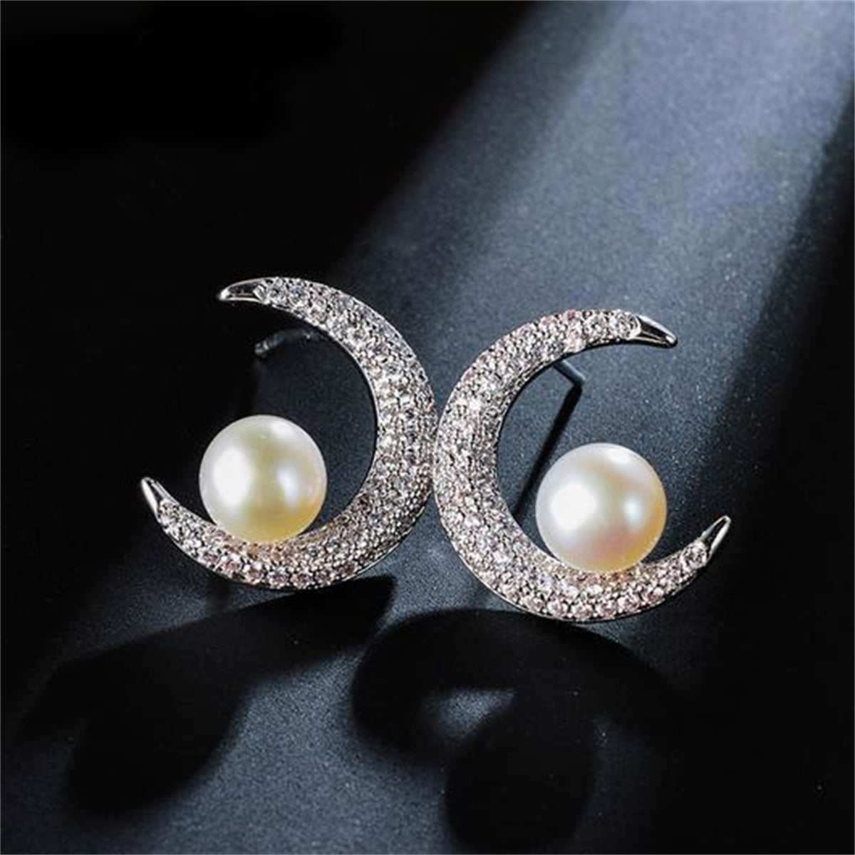 Cubic Zirconia & Pearl Silvertone Crescent Stud Earrings
