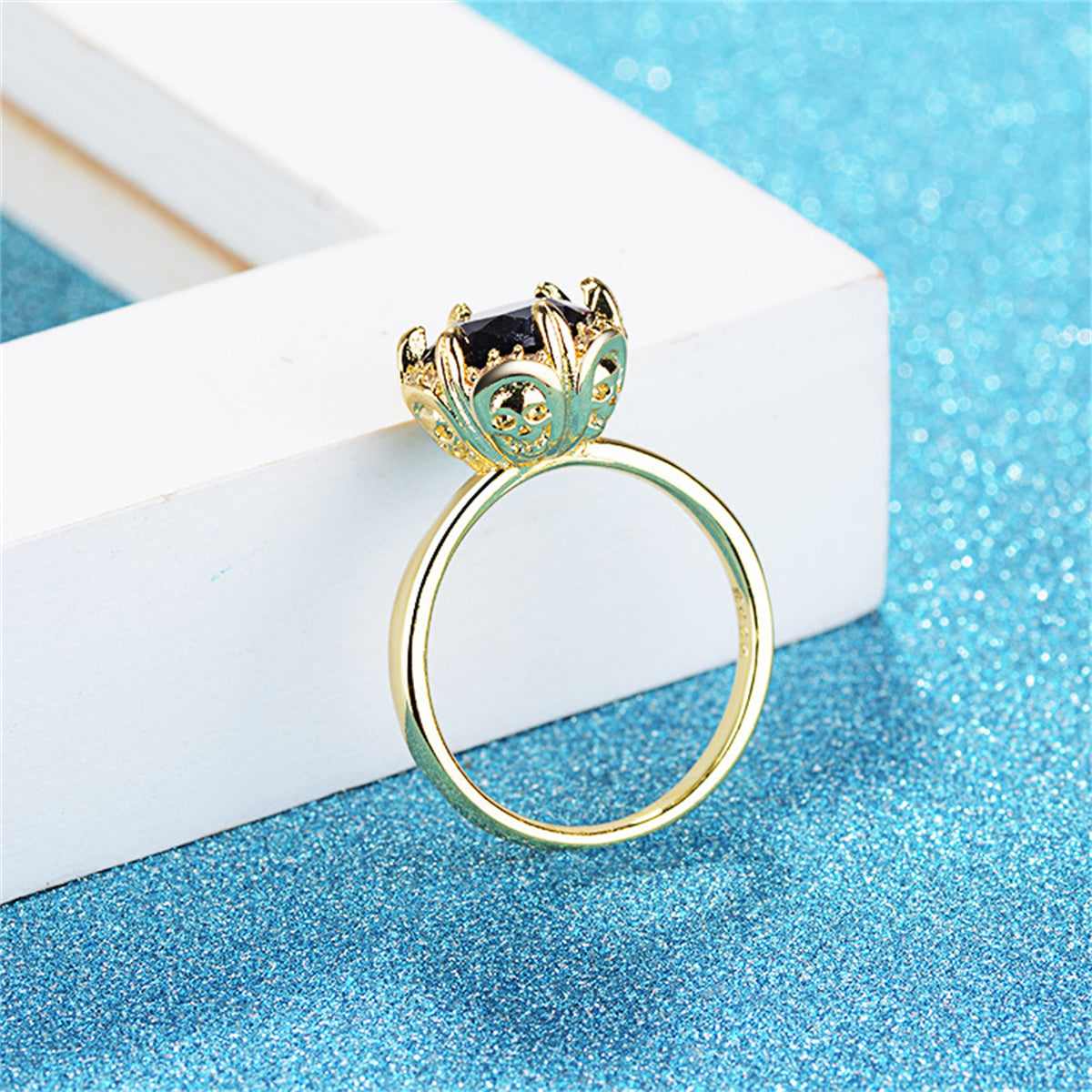 Black Crystal & Cubic Zirconia Goldtone Skull Cocktail Ring-2
