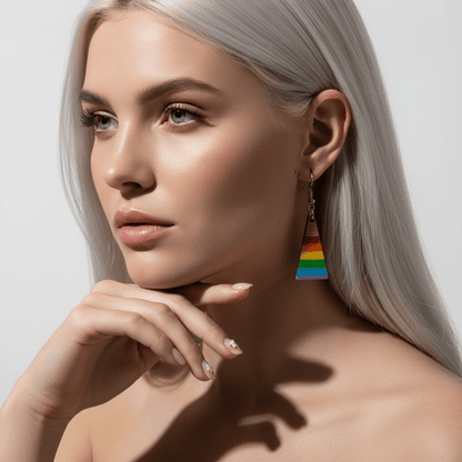 Multi-Colored Resin & Wood Silvertone Stripped Triangle Hook Earrings