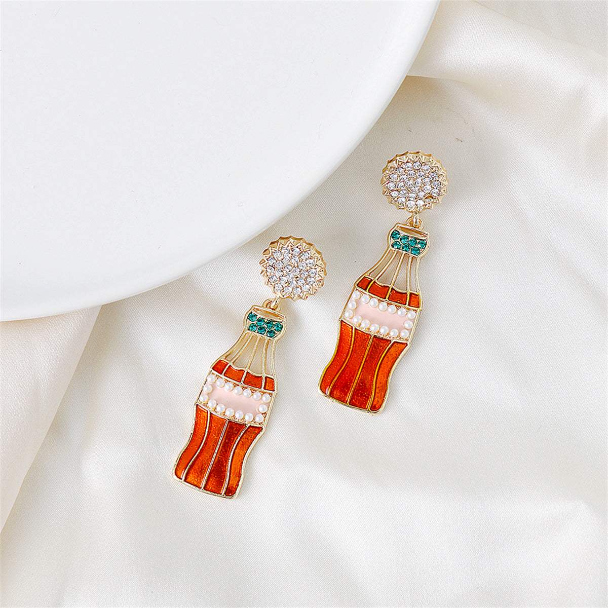 Cubic Zirconia & Pearl Enamel Goldtone Soda Bottle Drop Earrings