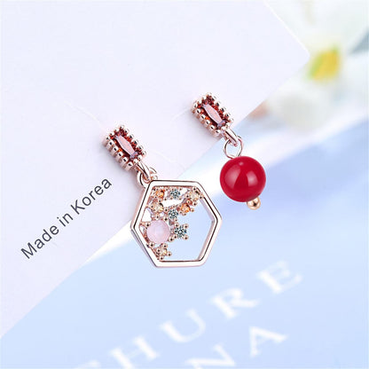 Cubic Zirconia & Red Pearl Rose Goldtone Mismatched Drop Earrings