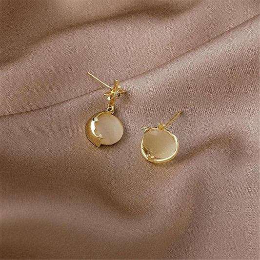 Cat-eye & Goldtone Planet Stud Earring & Moon Drop Earring