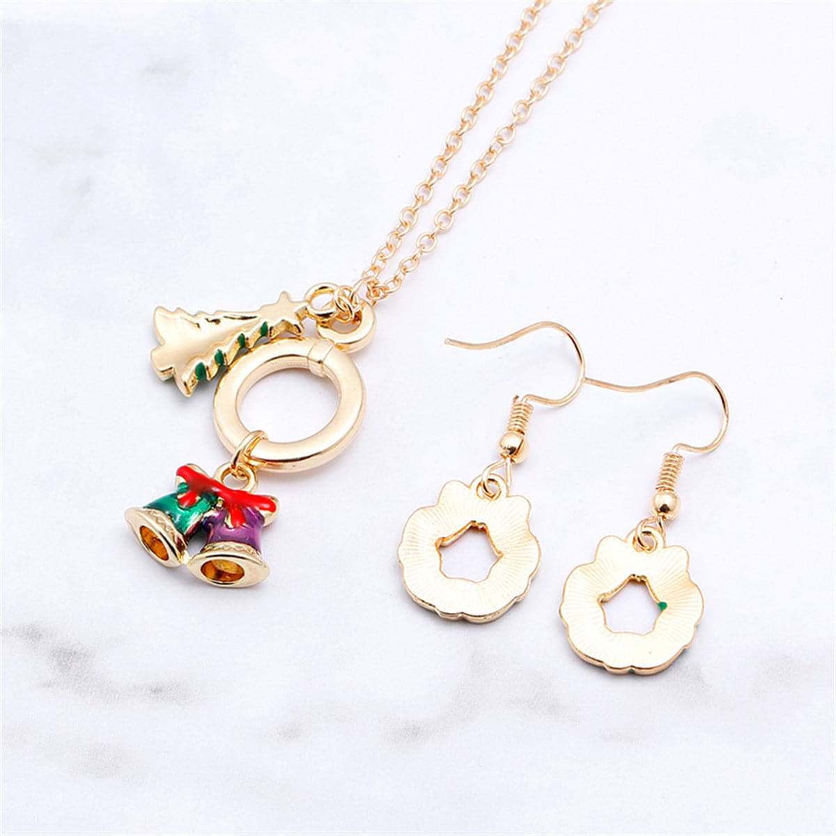 Green Enamel & Goldtone Wreath Earrings & Pendant Necklace