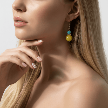 Yellow Jade & Turqouise Silvertone ‌Gourd-Shape Hook Earrings