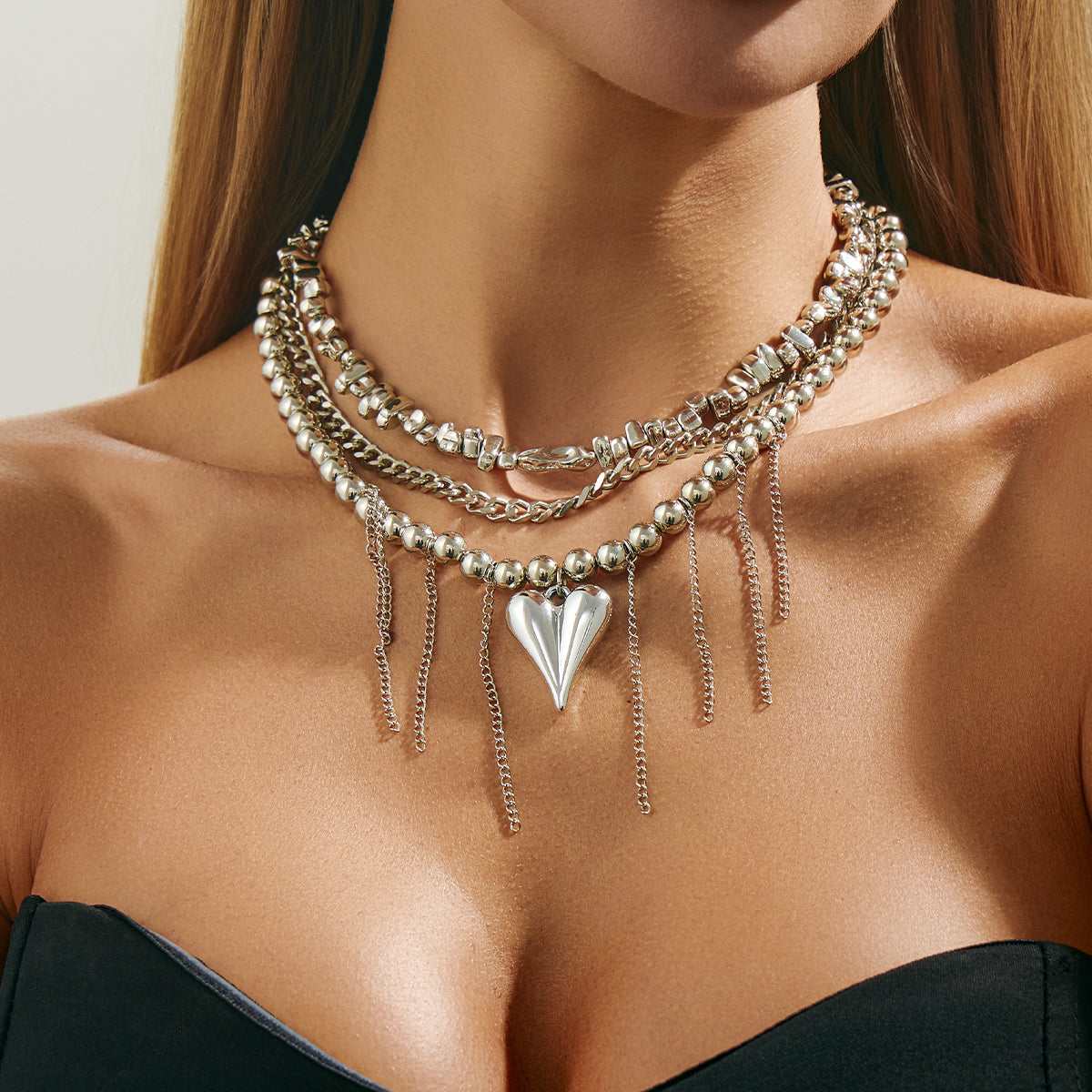 Silvertone Beaded Chain Heart Pendant Tassel Layered Necklace