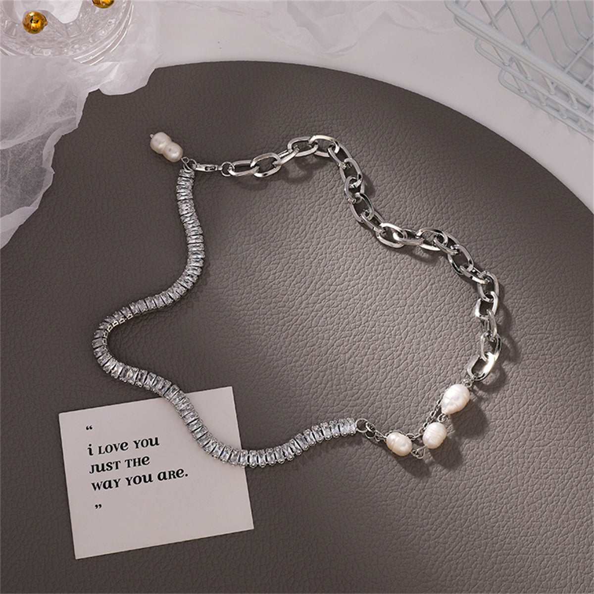 Crystal & Pearl Silvertone Patchwork Necklace