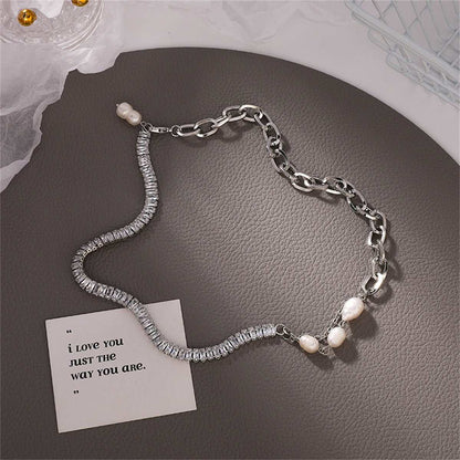 Crystal & Pearl Silvertone Patchwork Necklace