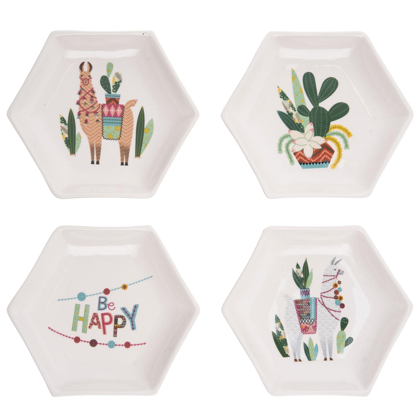 Ceramic Hexagon Southwest Lama Cactus Plate Set of 4 Decorative Trays for Home Spring Summer Decor