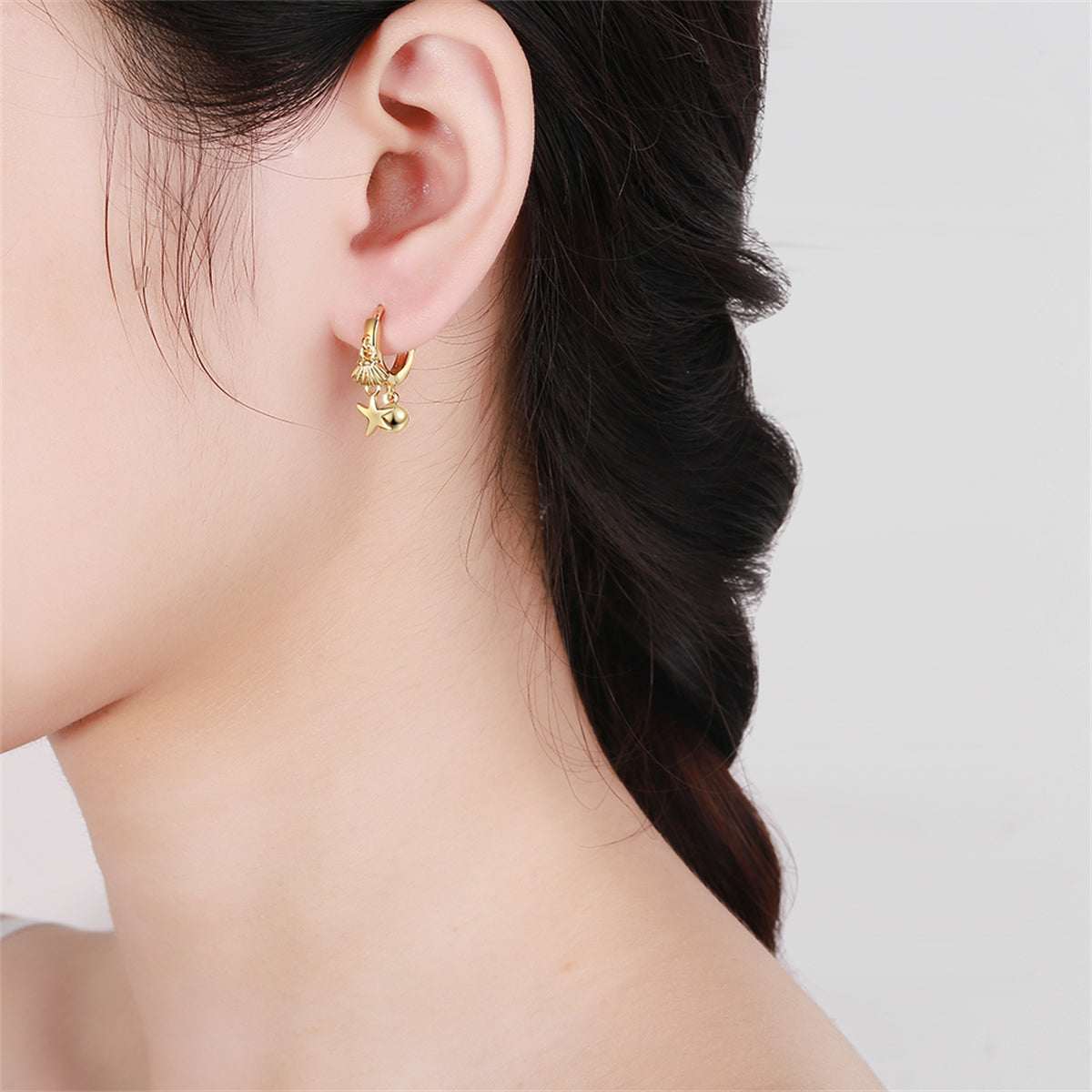 Goldtone Starfish Shell Charm Huggie Earring