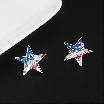 Cubic Zirconia & Silvertone American Flag Star Stud Earrings