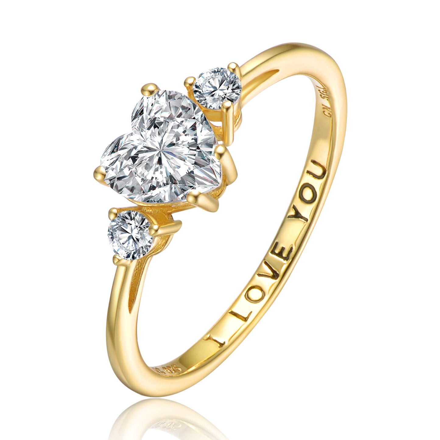 Sterling Silver with Clear Heart Cubic Zirconias Three-Stone "I Love You" Ring: Size 8