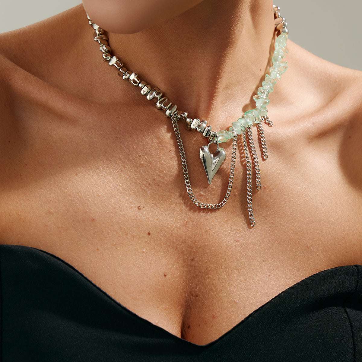 Light Green Acrylic & Silvertone Heart Pendant Tassel Necklace