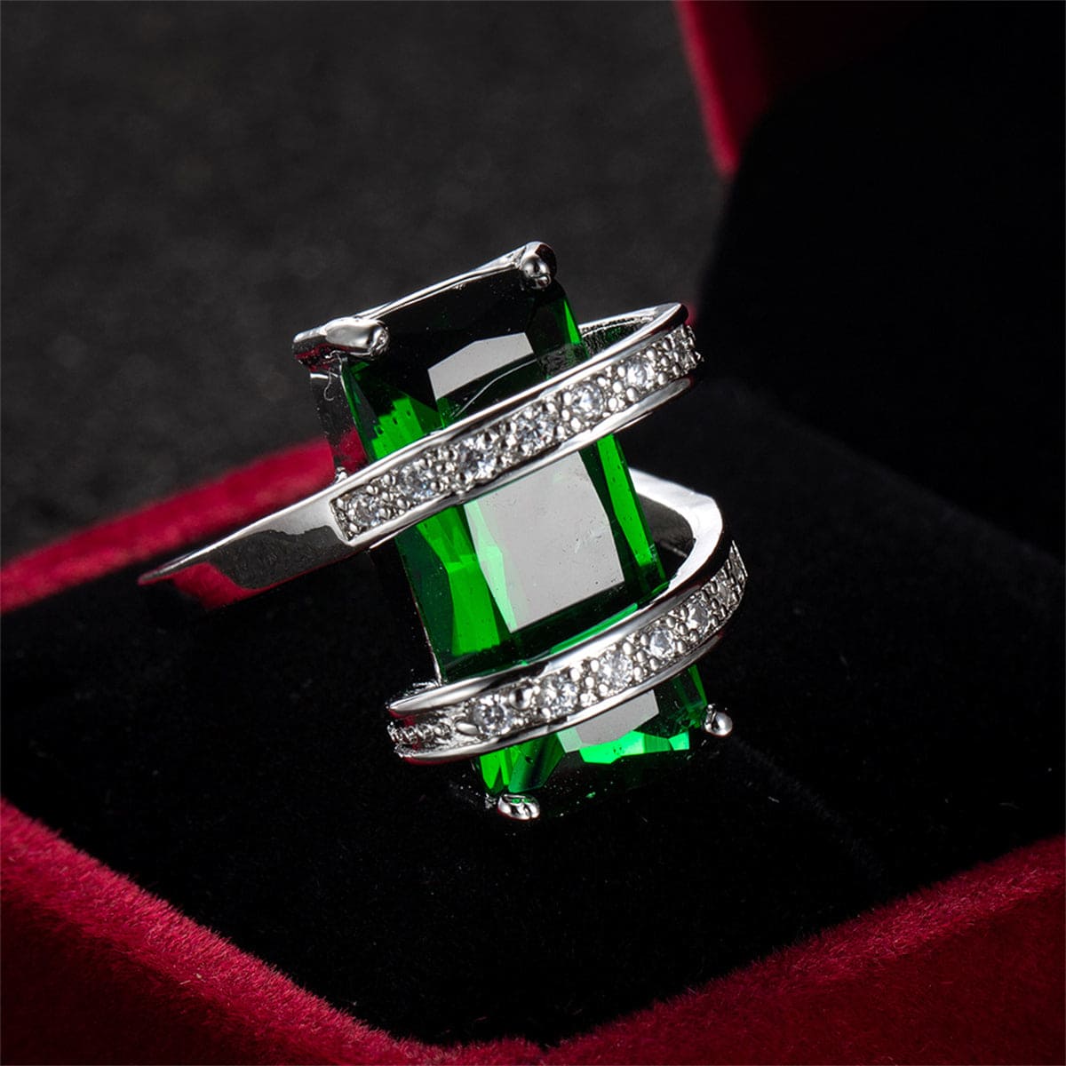 Green Crystal & Cubic Zirconia Pavé Wrap Emerald-Cut Ring-3